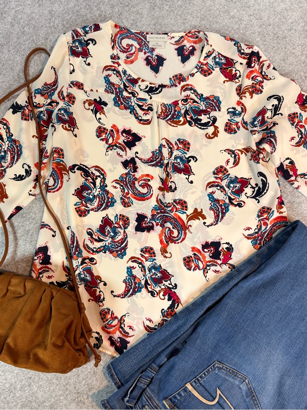 Van Heusen Paisley Print Blouse Women’s Medium Ivory 3/4 Sleeve Career Boho Top